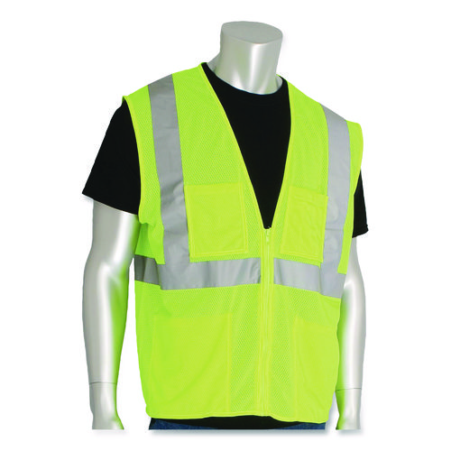 ANSI Class 2 Four Pocket Zipper Safety Vest, Polyester Mesh, 3X-Large, Hi-Viz Lime Yellow