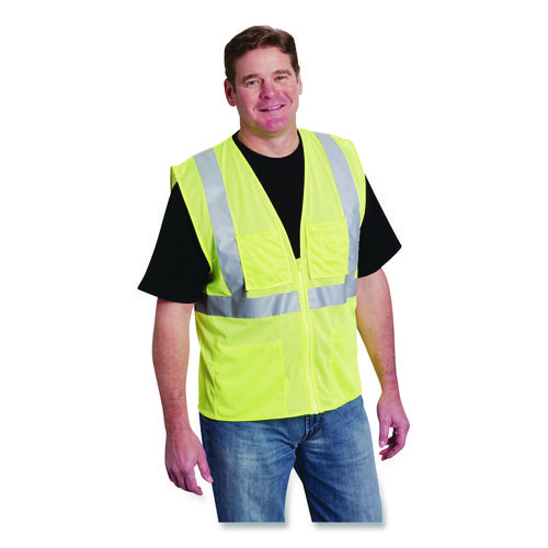 ANSI Class 2 Four Pocket Zipper Safety Vest, Polyester Mesh, 3X-Large, Hi-Viz Lime Yellow
