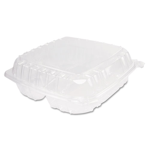 ClearSeal Hinged-Lid Plastic Containers, 3 Compartments, 9.4 x 8.9 x 3, Plastic, 100/Bag, 2 Bags/Carton