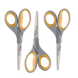 Titanium Bonded Scissors, 8" Long, 3.5" Cut Length, Straight Gray/Yellow Handle, 3/Pack