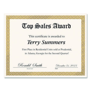 Foil Border Certificates, 8.5 x 11, Ivory/Gold with Gold Braided Border, 15/Pack