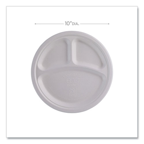 Vanguard Renewable and Compostable Sugarcane Plates, 3-Compartment Plate, 10" dia, White, 500/Carton