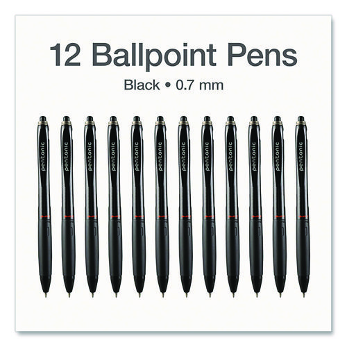 PENTONIC Ballpoint Pen, Retractable, Fine 0.7 mm, Black Ink, Black Barrel, 12/Pack