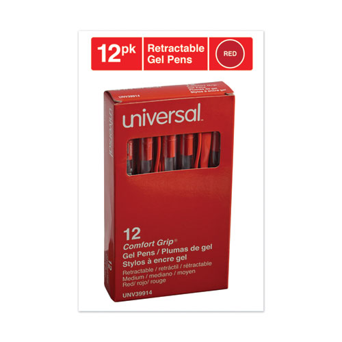 Comfort Grip Gel Pen, Retractable, Medium 0.7 mm, Red Ink, Clear/Red Barrel, Dozen
