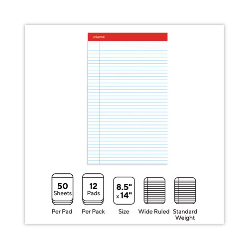Perforated Ruled Writing Pads, Wide/Legal Rule, Red Headband, 50 White 8.5 x 14 Sheets, Dozen