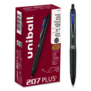 207 Plus+ Gel Pen, Retractable, Medium 0.7 mm, Blue Ink, Black Barrel, Dozen