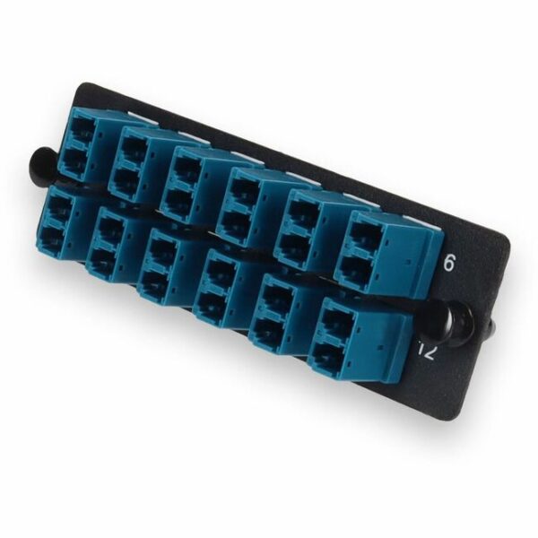 AddOn 4-Bay Panel Plate with 24-fiber 12x LC Duplex OS2 Fiber Adapter Panel