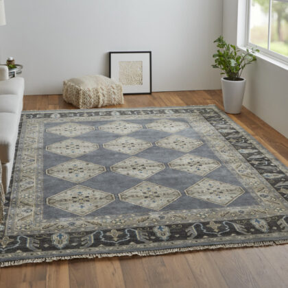 10' X 13' Blue Gray And Taupe Wool Floral Hand Knotted Stain Resistant Area Rug