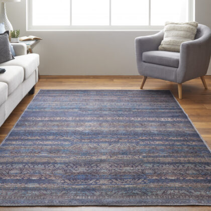 4' X 6' Blue Purple And Brown Floral Power Loom Area Rug