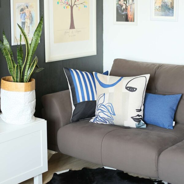 18" X 18" Blue And Black Abstract Zippered Handmade Polyester Throw Pillow Cover