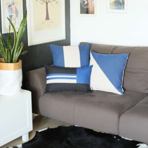 18" X 18" Grey And Blue Geometric Zippered Handmade Polyester Throw Pillow Cover