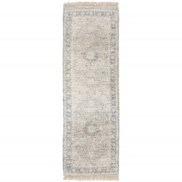2' X 8' Beige And Grey Oriental Hand Loomed Stain Resistant Runner Rug With Fringe