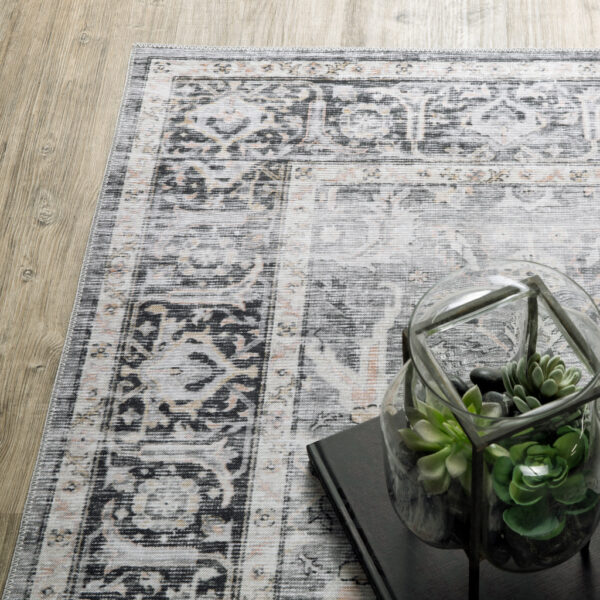 2' X 8' Charcoal Grey Salmon And Ivory Oriental Printed Stain Resistant Non Skid Runner Rug