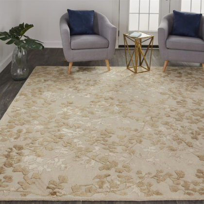 5' X 8' Ivory Tan And Gold Wool Floral Tufted Handmade Area Rug
