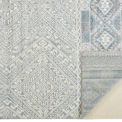 5' X 8' Ivory Blue And Gray Geometric Hand Knotted Area Rug