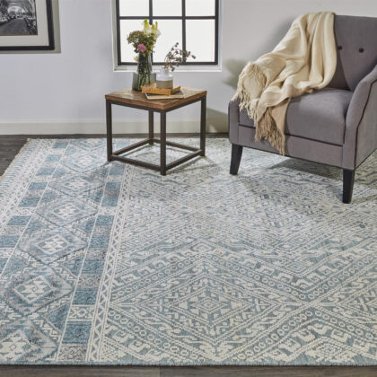 5' X 8' Ivory Blue And Gray Geometric Hand Knotted Area Rug