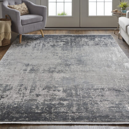 Gray Black And Silver Abstract Power Loom Distressed Area Rug