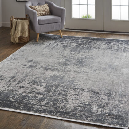 Gray Black And Silver Abstract Power Loom Distressed Area Rug