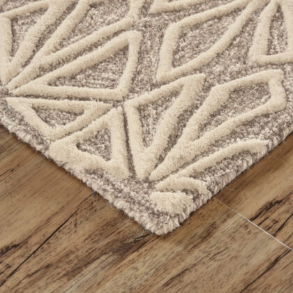 10' X 13' Tan And Ivory Wool Geometric Tufted Handmade Stain Resistant Area Rug