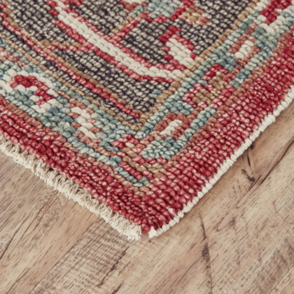 5' X 8' Red Gray And Ivory Wool Floral Hand Knotted Distressed Stain Resistant Area Rug With Fringe