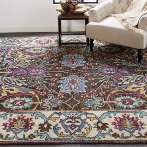 10' X 13' Ivory Brown And Blue Wool Floral Hand Knotted Distressed Stain Resistant Area Rug With Fringe