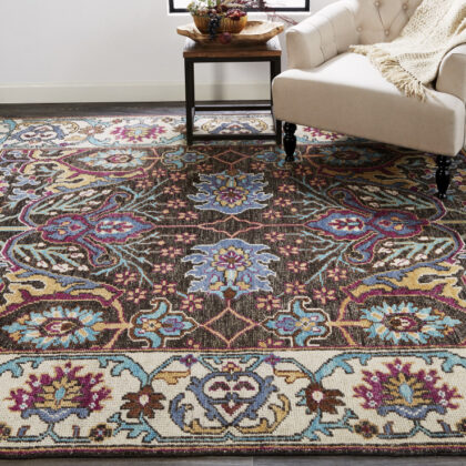 10' X 13' Ivory Brown And Blue Wool Floral Hand Knotted Distressed Stain Resistant Area Rug With Fringe
