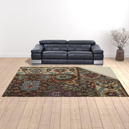 10' X 13' Ivory Brown And Blue Wool Floral Hand Knotted Distressed Stain Resistant Area Rug With Fringe