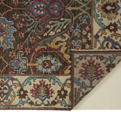 10' X 13' Ivory Brown And Blue Wool Floral Hand Knotted Distressed Stain Resistant Area Rug With Fringe