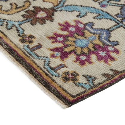 10' X 13' Ivory Brown And Blue Wool Floral Hand Knotted Distressed Stain Resistant Area Rug With Fringe