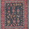 8' X 10' Pink Blue And Orange Wool Floral Hand Knotted Distressed Stain Resistant Area Rug With Fringe