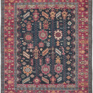 8' X 10' Pink Blue And Orange Wool Floral Hand Knotted Distressed Stain Resistant Area Rug With Fringe