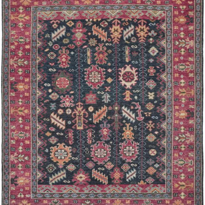 8' X 10' Pink Blue And Orange Wool Floral Hand Knotted Distressed Stain Resistant Area Rug With Fringe