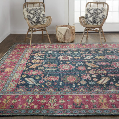 8' X 10' Pink Blue And Orange Wool Floral Hand Knotted Distressed Stain Resistant Area Rug With Fringe