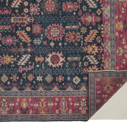 8' X 10' Pink Blue And Orange Wool Floral Hand Knotted Distressed Stain Resistant Area Rug With Fringe