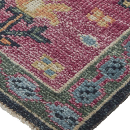 8' X 10' Pink Blue And Orange Wool Floral Hand Knotted Distressed Stain Resistant Area Rug With Fringe