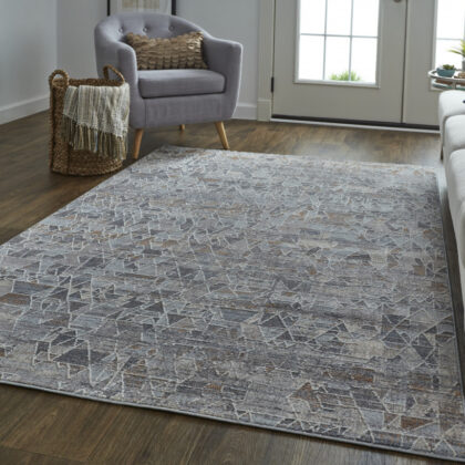 12' X 15' Gray Blue And Orange Abstract Power Loom Distressed Stain Resistant Area Rug