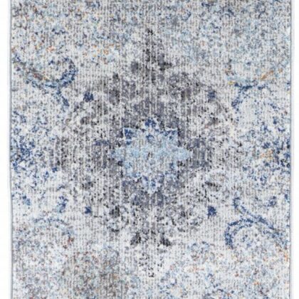 8' Ivory Taupe And Blue Floral Power Loom Distressed Stain Resistant Runner Rug