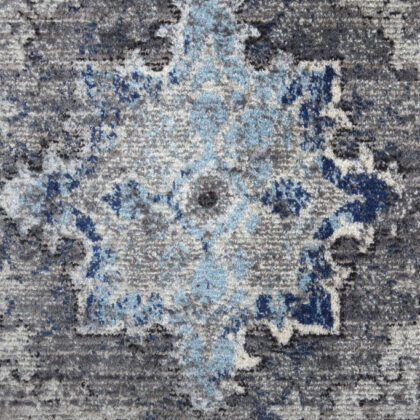 8' Ivory Taupe And Blue Floral Power Loom Distressed Stain Resistant Runner Rug