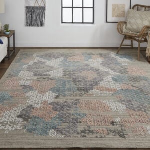 12' X 15' Pink Blue And Taupe Abstract Hand Woven Distressed Area Rug