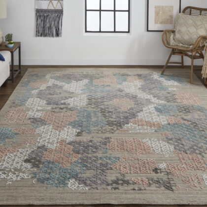 12' X 15' Pink Blue And Taupe Abstract Hand Woven Distressed Area Rug