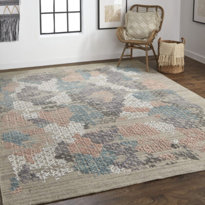 12' X 15' Pink Blue And Taupe Abstract Hand Woven Distressed Area Rug