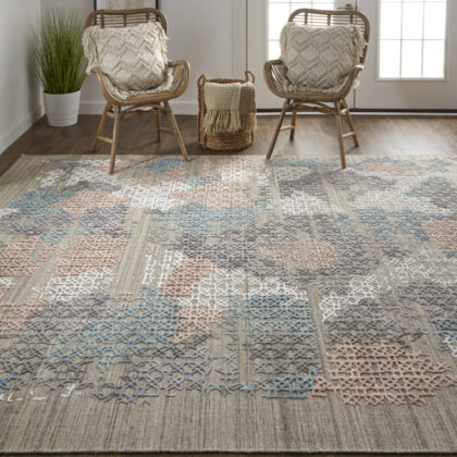 12' X 15' Pink Blue And Taupe Abstract Hand Woven Distressed Area Rug