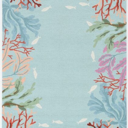 2'X4' Blue Hand Hooked Bordered Coral Reef Indoor Accent Rug