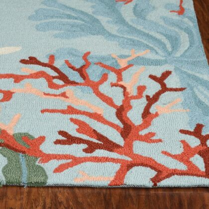 2'X4' Blue Hand Hooked Bordered Coral Reef Indoor Accent Rug