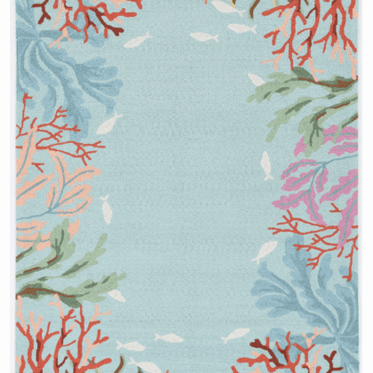 2'X4' Blue Hand Hooked Bordered Coral Reef Indoor Accent Rug