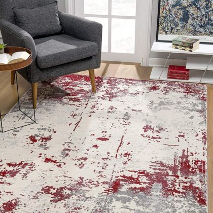 5' X 7' Red Abstract Dhurrie Area Rug