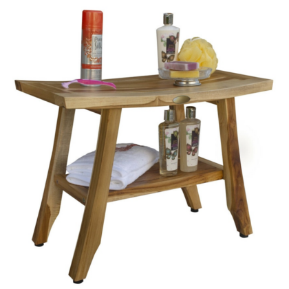 24" Teak Rectangular Shower Outdoor Bench With Shelf In Natural Finish