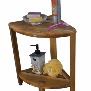 17" Compact Teak Corner Shower Stool With Shelf In Natural Finish