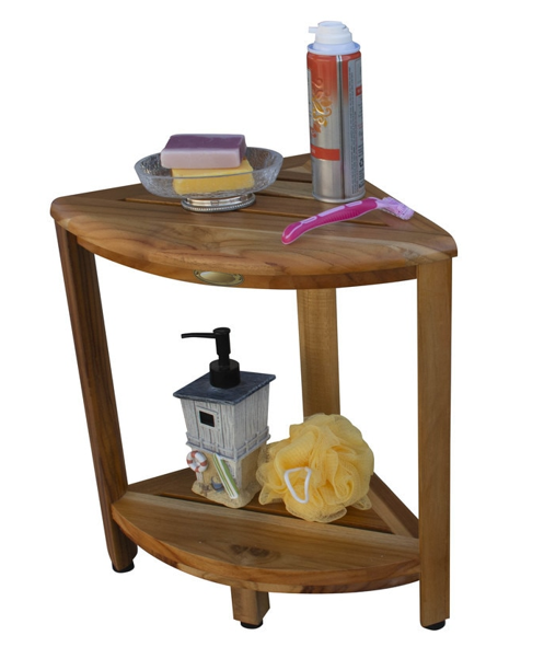 17" Compact Teak Corner Shower Stool With Shelf In Natural Finish