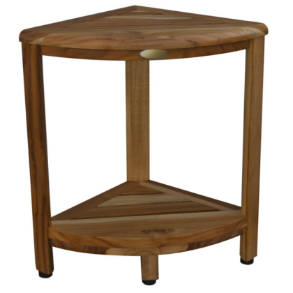 17" Compact Teak Corner Shower Stool With Shelf In Natural Finish